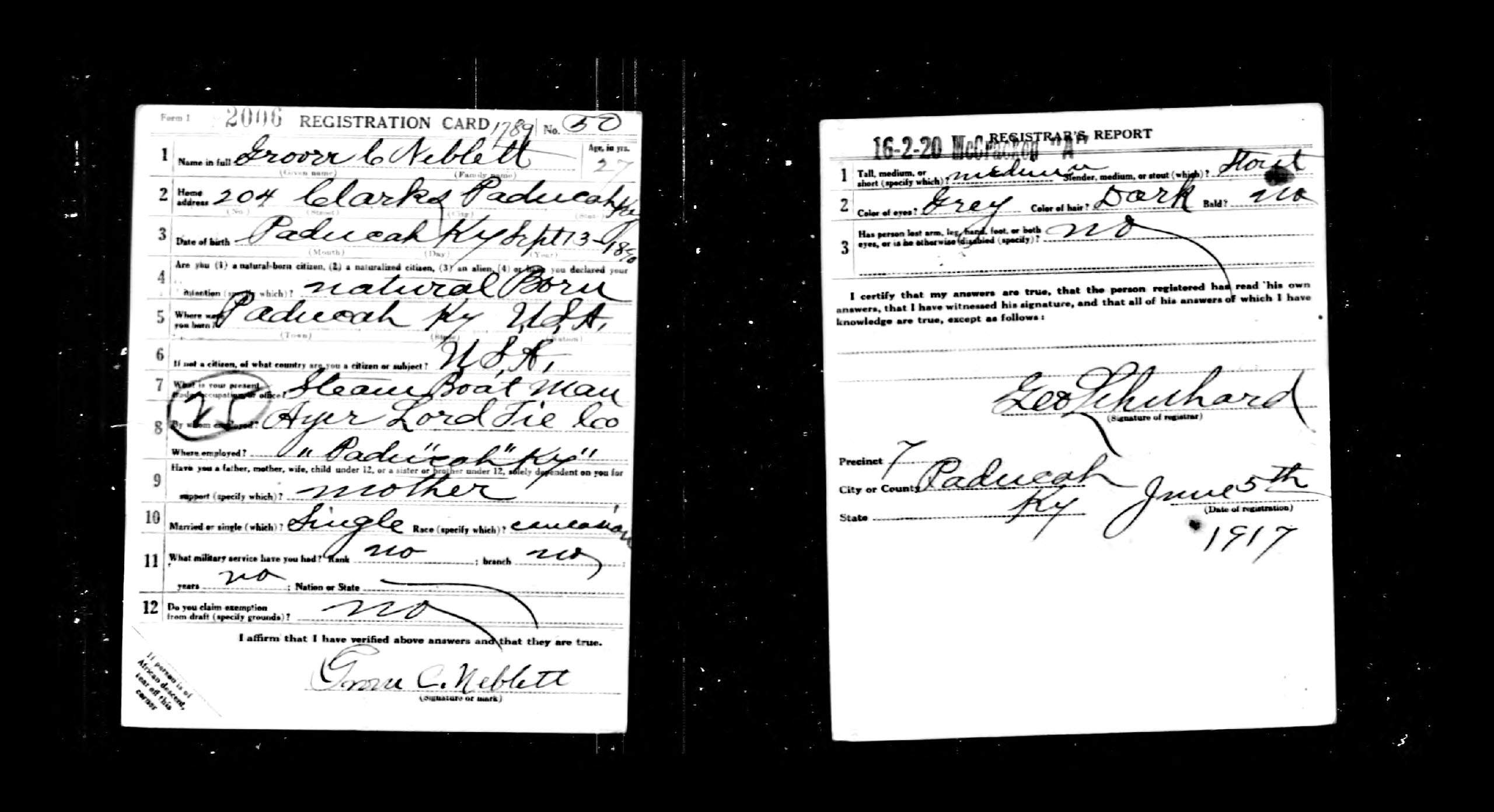 Neblett, Grover C - World War I Draft Registration Cards, 1917-1918